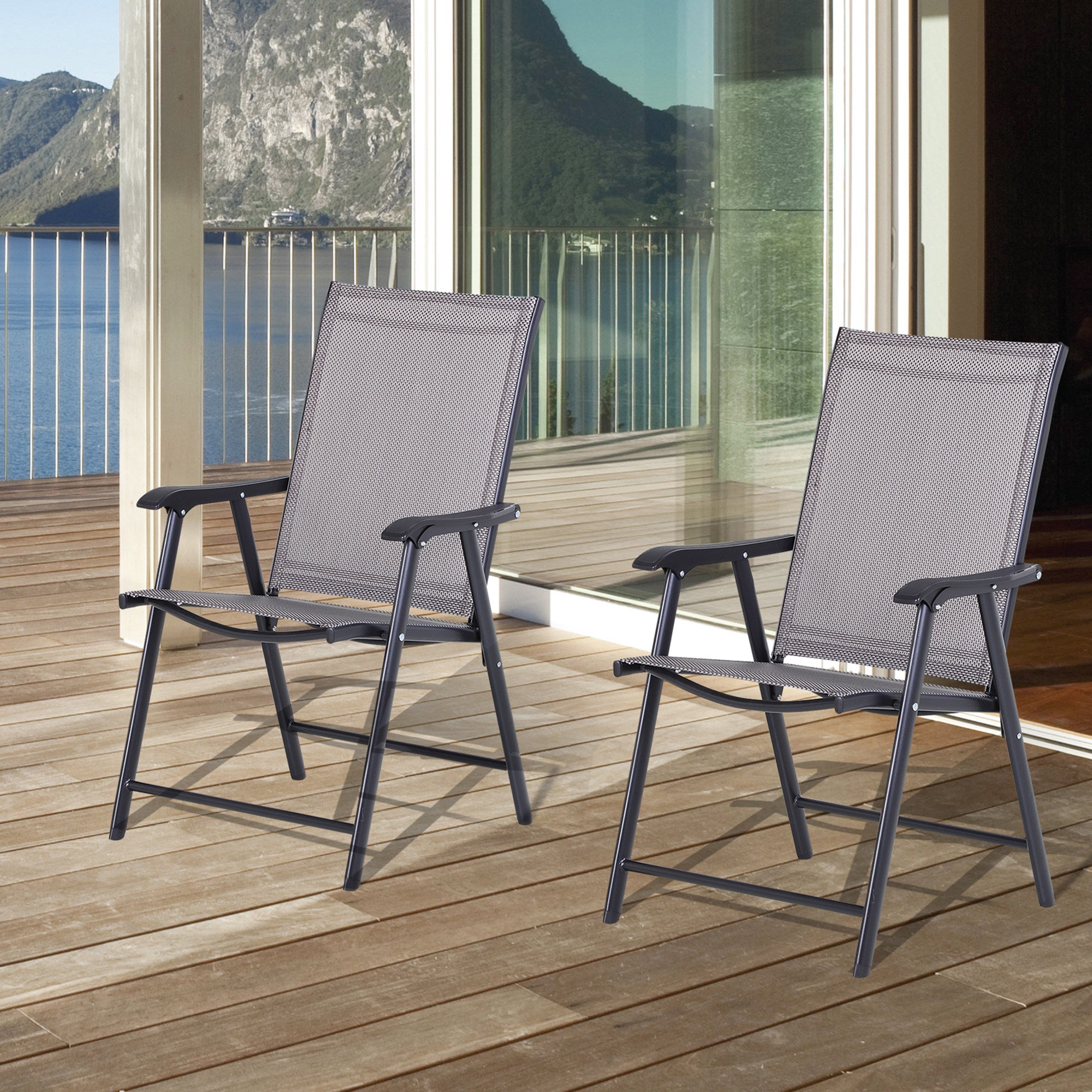 Outsunny Set of 2 Folding Garden Chairs, Metal Frame Garden Chairs Outdoor Patio Park Dining Seat with Breathable Mesh Seat, Grey 
