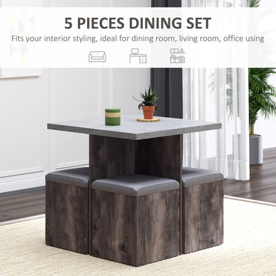HOMCOM 5PC Dining Set Garden Patio Wooden Set 4 Storage Stools Footrest Ottoman with Cushions + 1 Table Space Saving Design Indoor Outdoor 