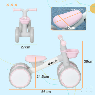 AIYAPLAY Kids Balance Bike for 1-3 Years Old with Adjustable Seat, Silent Wheels, Pink 