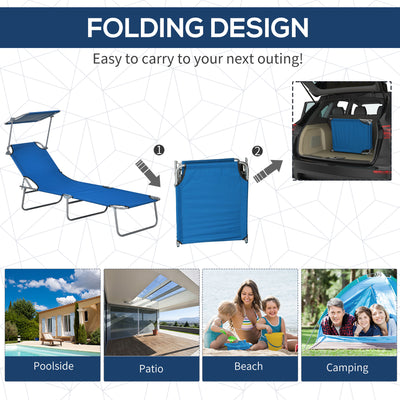 Outsunny Outdoor Foldable Sun Lounger Set of 2, 4 Level Adjustable Backrest Reclining Sun Lounger Chair with Angle Adjust Sun Shade Awning for Beach, Garden, Patio, Blue 