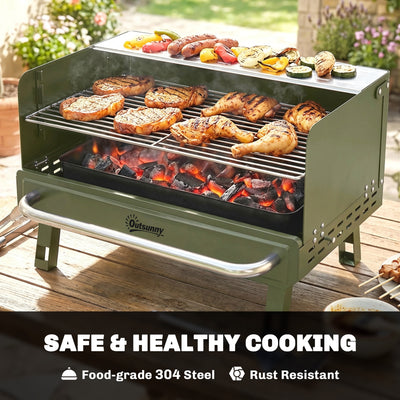 Outsunny Portable BBQ Grill, Charcoal Barbecue Grill with Adjustable Grates, Foldable Legs, Side Shelf for Camping Travel, Green 