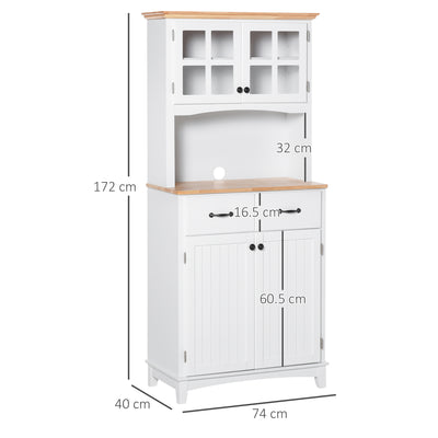 HOMCOM Freestanding Kitchen Cupboard, Kitchen Storage Cabinet with Framed Glass Doors, 2 Drawers, Microwave Counter, White 