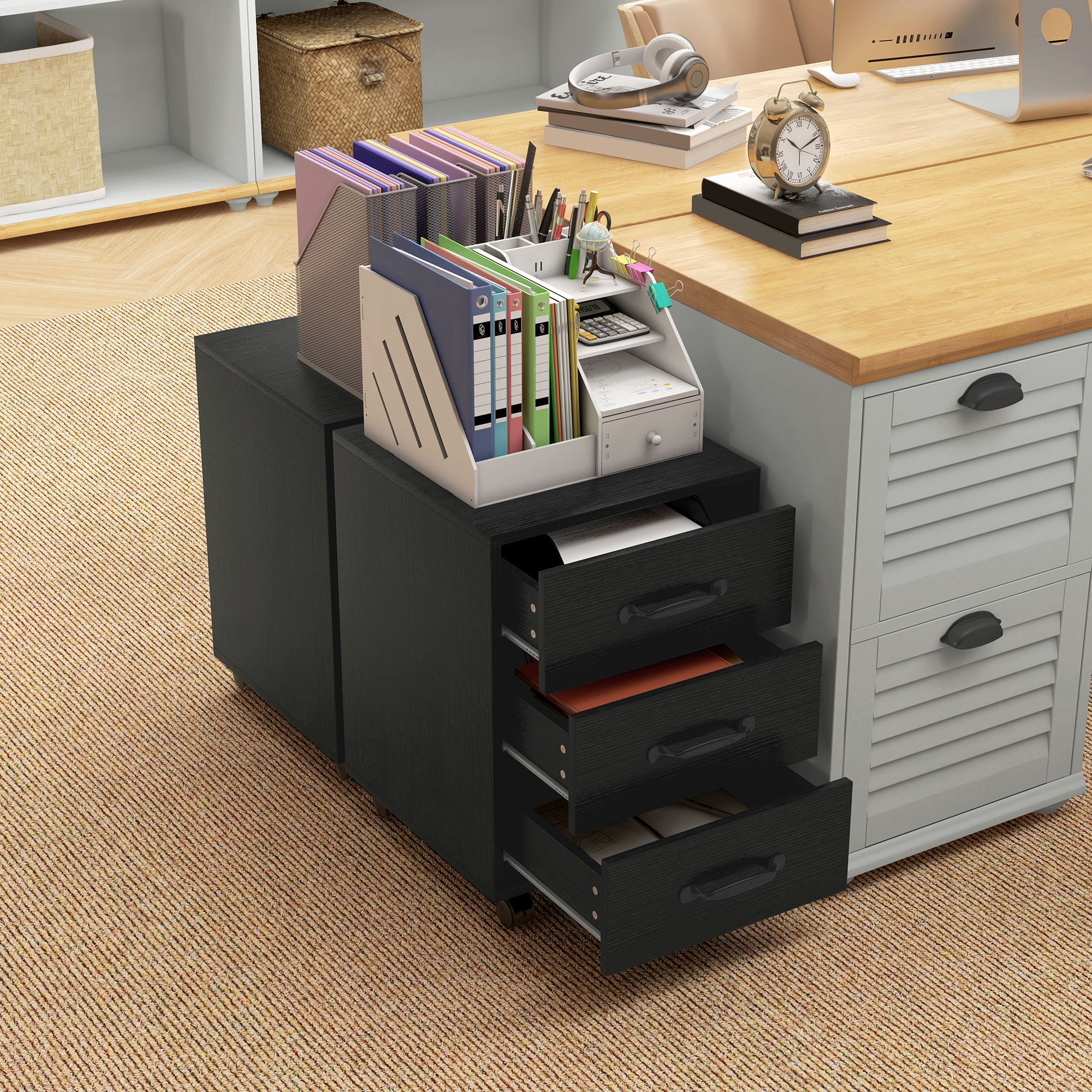 HOMCOM 3 Drawer File Cabinet, Mobile Filing Cabinet on Wheels for Home Office, Study, Black 