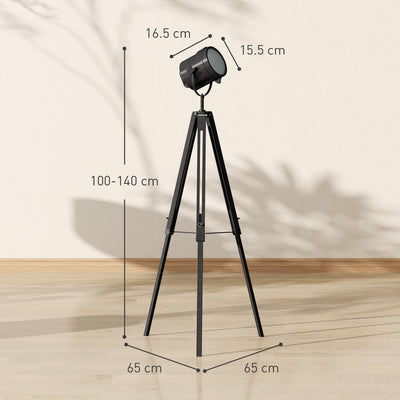 HOMCOM Industrial Tripod Floor Lamp, Nautical Searchlight with Adjustable Height, Wood Legs, E14 Lamp Base for Living Room, Bedroom, Black 