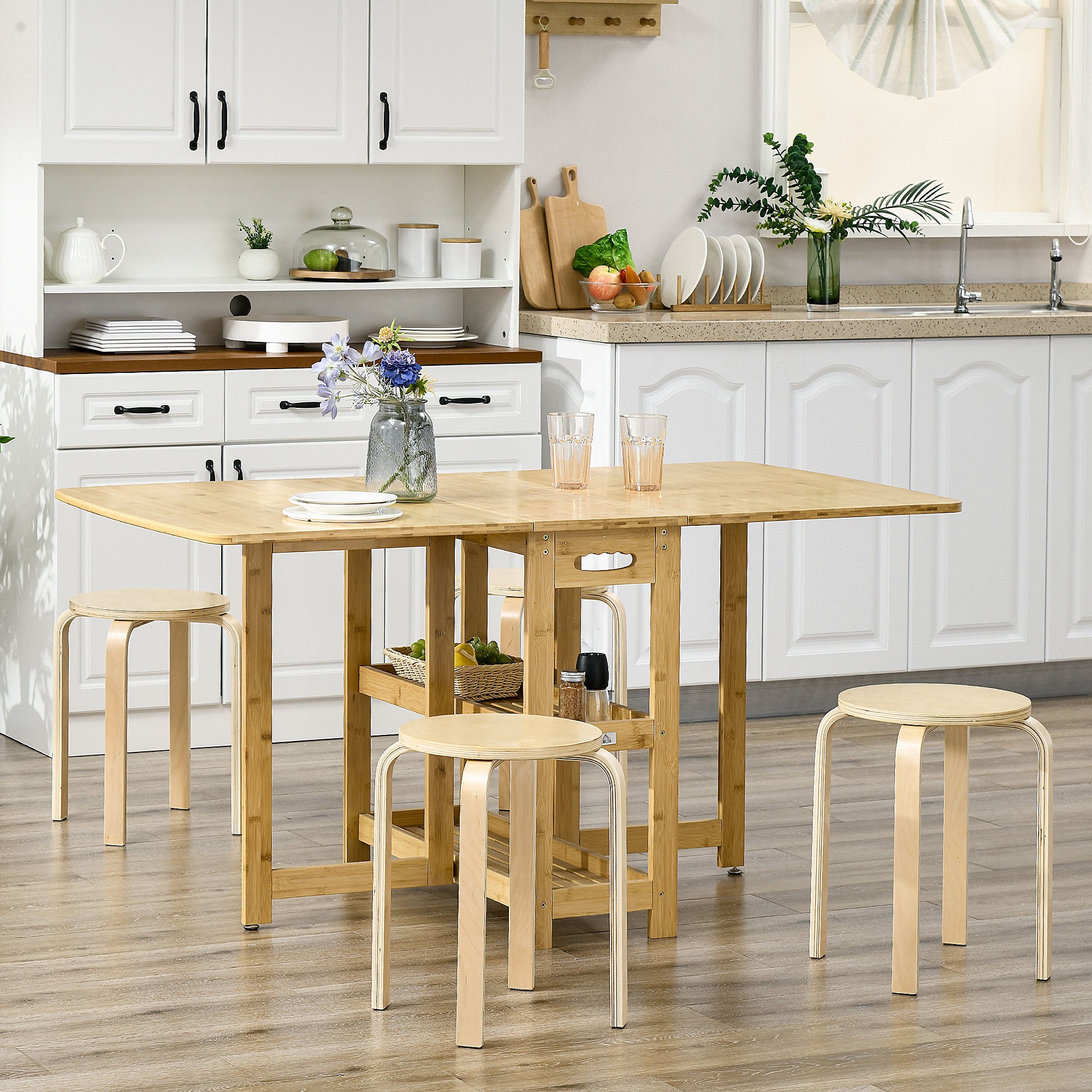 HOMCOM Stackable Stools Set of 4, Modern Stacking Chairs, Round Backless Stools for Kitchen, Dining Room, Office, Outdoors, Nature Wood Finish