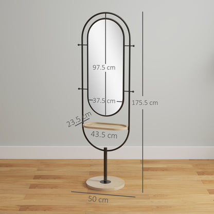 HOMCOM Oval Full Length Mirror with Wooden Tray and 4 Hooks - Black