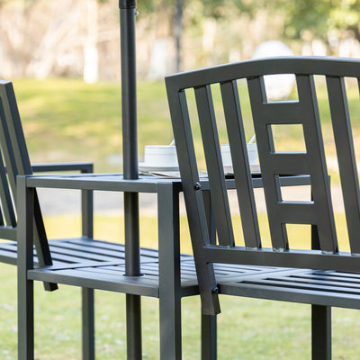Outsunny 2 Seat Garden Chair Bench Loveseats Jack and Jill Seat w/Coffee Table Slatted Design Patio Yard 