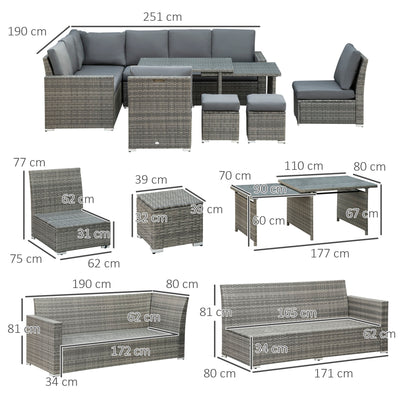 Outsunny Seven-Piece Rattan Garden Sofa Set, with Expanding Table - Grey 
