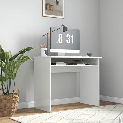 HOMCOM 90 x 50cm Computer Table, Modern Home Office Desk, Small Writing Desk with Storage Shelf, High Gloss White 