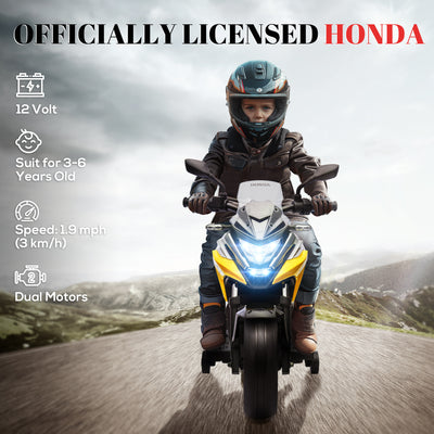 AIYAPLAY 12V Honda Licensed Kids Electric Motorbike w/ Music, Headlights, Early Education Function, for Ages 3-6 Years, Yellow 