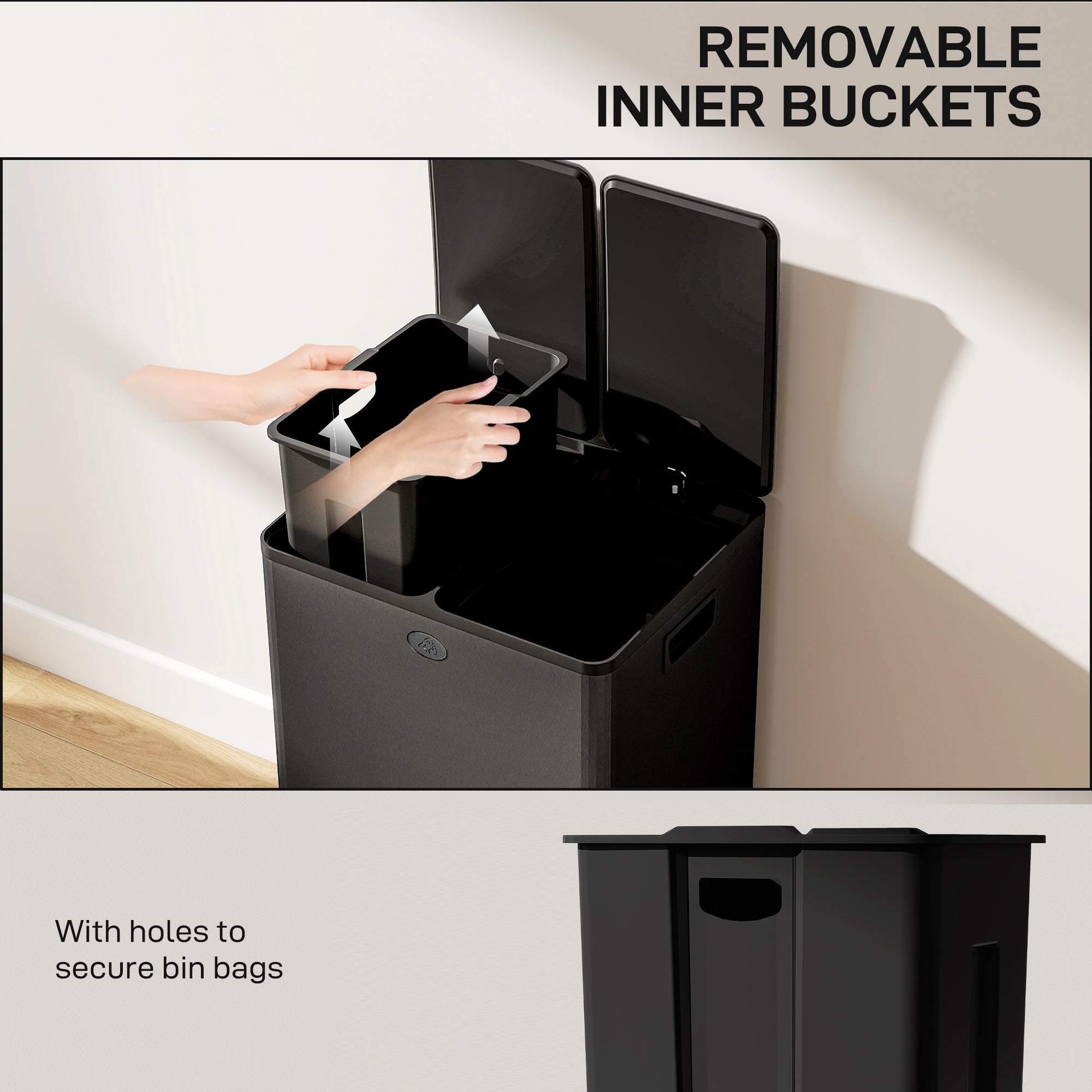 HOMCOM 56L Dual Compartment Stainless Steel Bin, with Deodoriser Holders - Black 