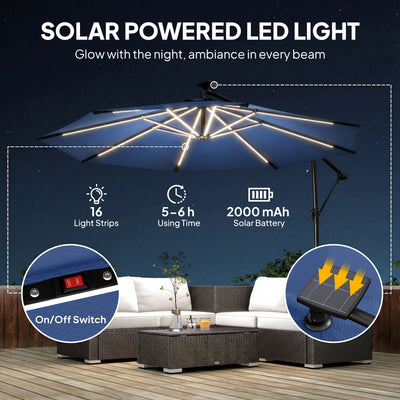 Outsunny 3 m Garden Cantilever Parasol with LED Solar Light, Round Overhanging Umbrella with 360° Rotation, Cover, Navy Blue 