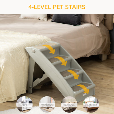 PawHut Foldable Four-Step Pet Stairs, for Cats, Small Miniature Dogs, with Non-Slip Mats 62 x 38 x 49.5cm - Grey 