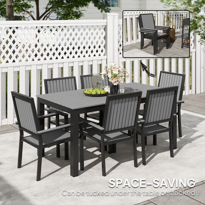 Outsunny 6 Seater Garden Dining Set with Stackable Chairs, Aluminium Frame, Rectangular Plastic Top, Garden Furniture Set, Outdoor Dining Table and Chairs for Patio, Balcony, Poolside, Grey 