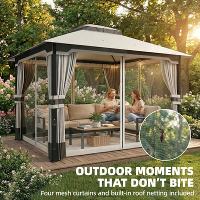 Outsunny 3 x 3.6 m Outdoor Garden Gazebo with Netting and Curtains, Double Roof Patio Gazebo Permanent Pavilion, Light Grey 