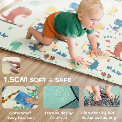 AIYAPLAY Dinosaur-Themed Baby Plat Mat Double Sided, Foldable, Water-Resistant for Outdoor/Indoor, 177 x 146 x 1.5cm 