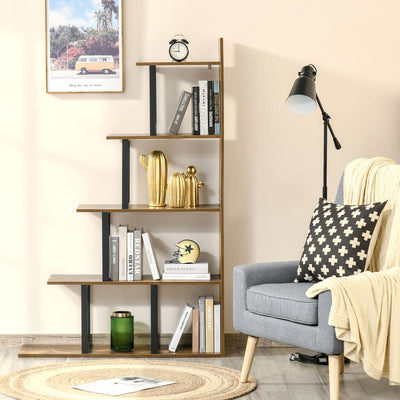 HOMCOM 5-Tier Bookcase, Wooden Ladder Bookshelf Display Stand, Rustic Brown 