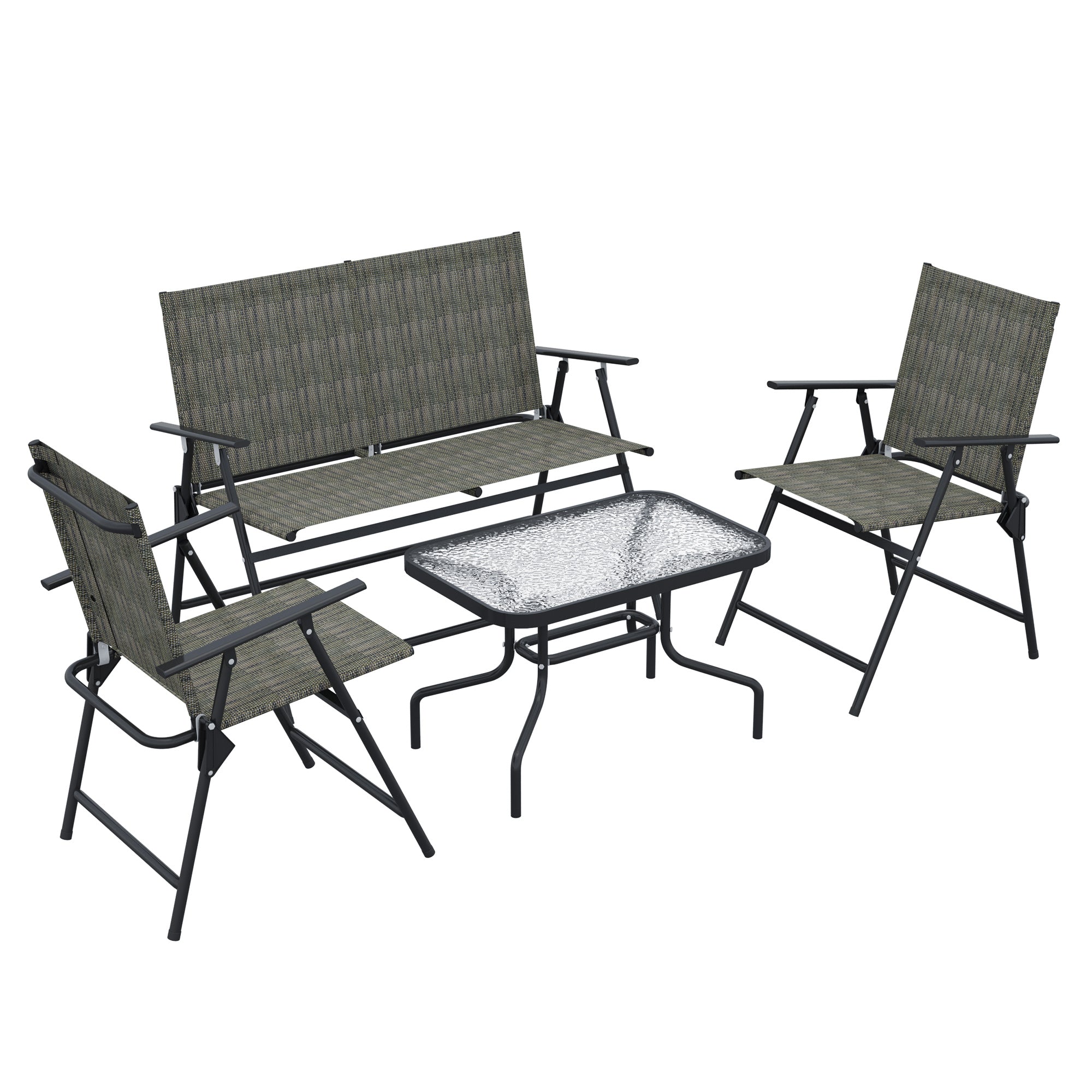 Outsunny Outdoor\'c2\'a04 Pieces Patio Furniture Set with Breathable Mesh Fabric\'c2\'a0Seat & Backrest,\'c2\'a0Garden Set with Two Foldable Armchairs, a Loveseat &\'c2\'a0Glass\'c2\'a0Top\'c2\'a0Table, Mixed Brown