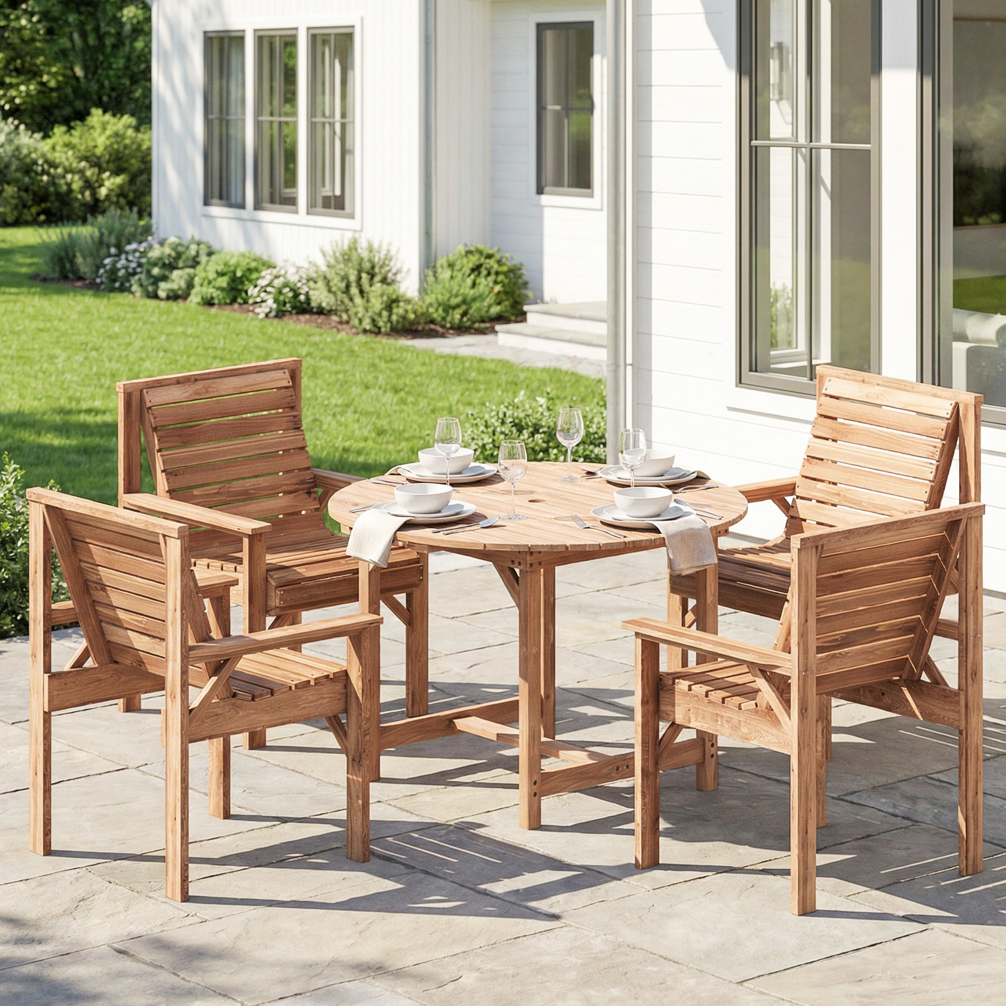 Outsunny 5 Pieces Garden Dining Set with Parasol Hole, Round Outdoor Table and Chairs, 4 Seater Wooden Garden Furniture, Natural 
