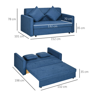 HOMCOM 2 Seater Sofa Bed, Convertible Bed Settee, Modern Fabric Loveseat Sofa Couch with 2 Cushions, Hidden Storage for Living Room, Guest Room, Deep Blue 
