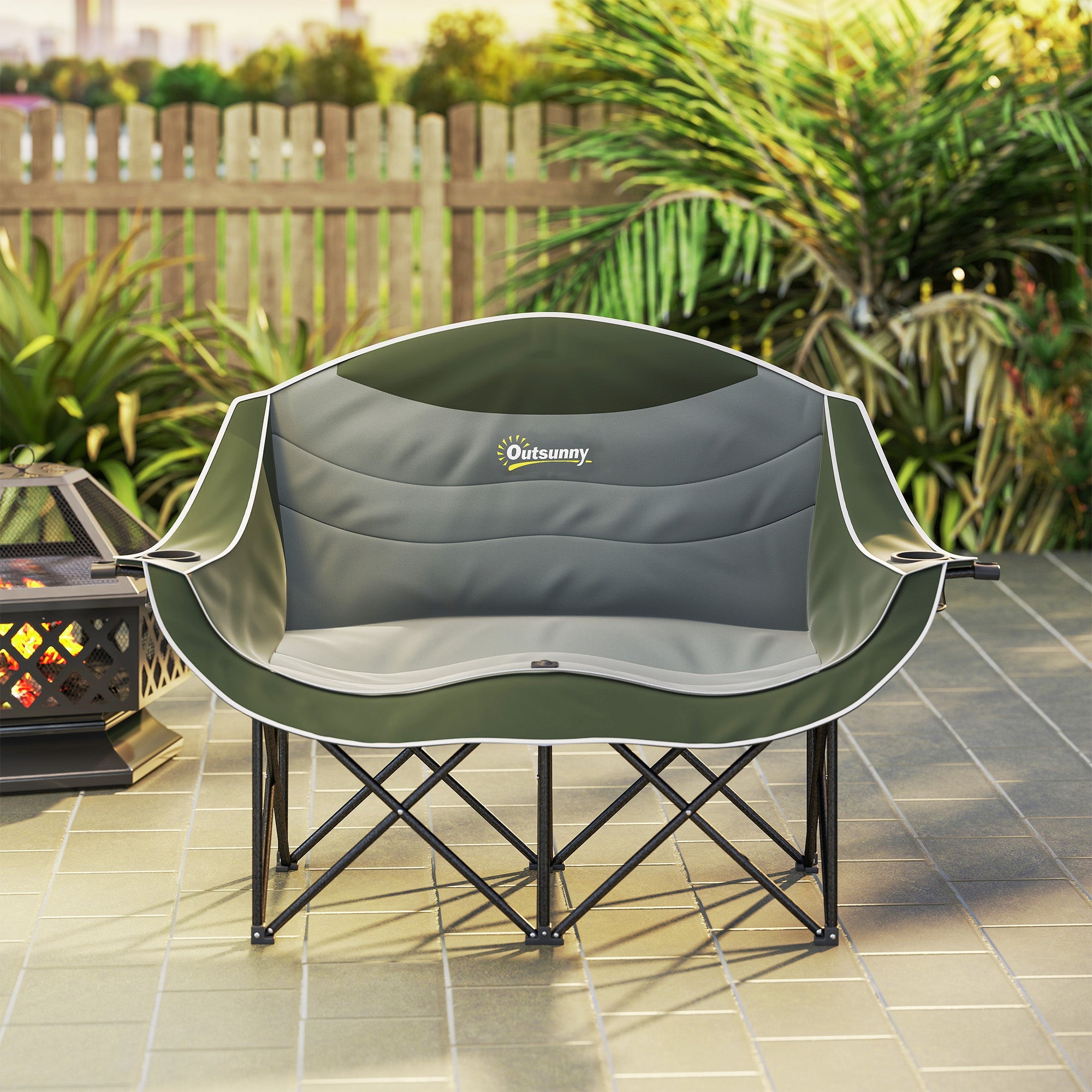 Outsunny Double Camping Chair for Adults, Oversized Heavy Duty Padded Folding Chair with Armrests, Cup Holders and Carry Bag for Outdoor Camping Hiking Picnic Fishing, 250kg Capacity, Green 