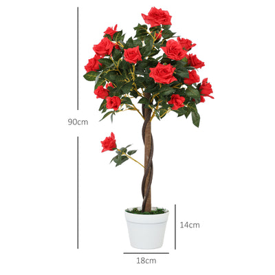 Outsunny Set of 2 Artificial Plants White Rose Floral in Pot, Fake Plants for Home Indoor Outdoor Decor, 90cm, Red 