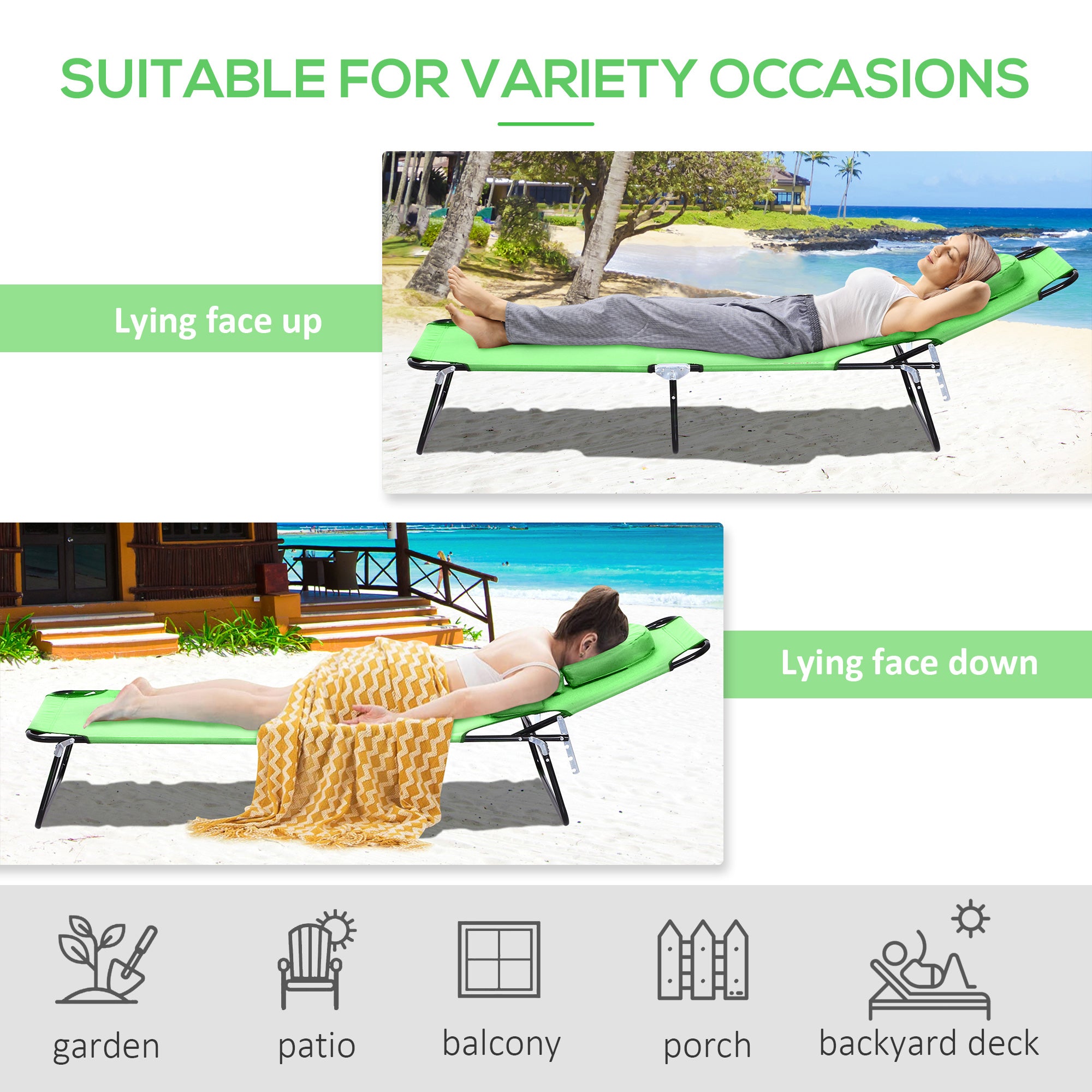 Outsunny Outdoor Foldable Sun Lounger, 4 Level Adjustable Backrest Reclining Sun Lounger Chair with Pillow and Reading Hole, Green 