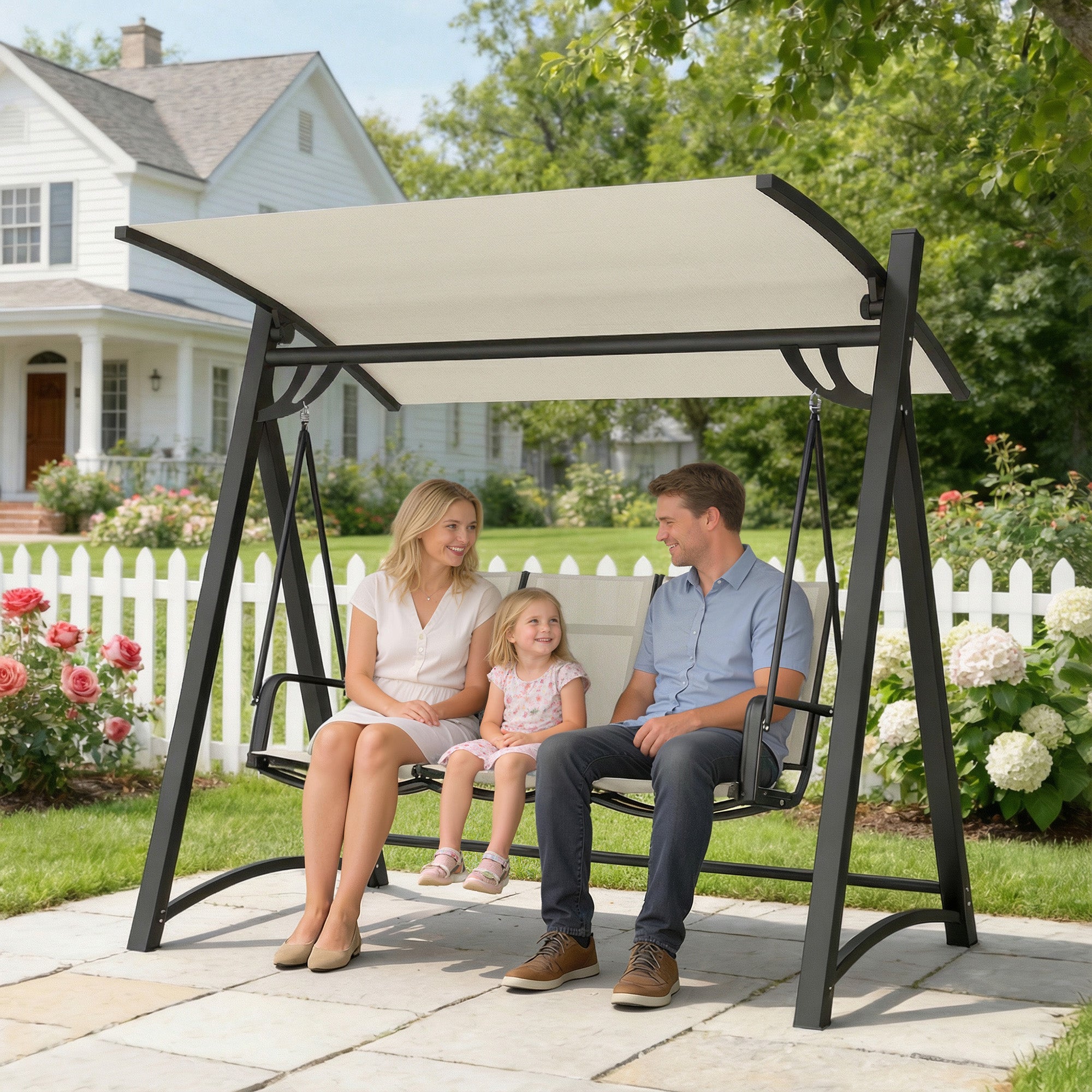 Outsunny 3 Seater Swing Chair, Garden Swing Bench with Adjustable Tilting Canopy, Breathable Mesh Seat 360 kg Capacity, White 