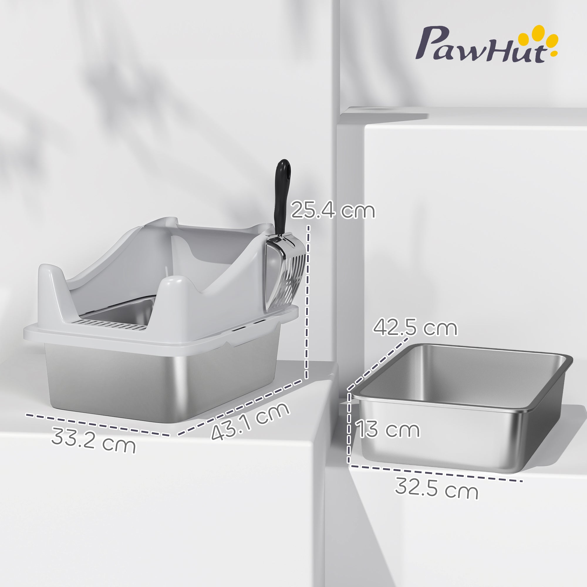 PawHut Stainless Steel Cat Litter Box with High Sides, Scoop, 43 x 33 x 25 cm