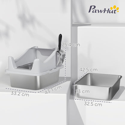 PawHut Stainless Steel Cat Litter Box with High Sides, Scoop, 43 x 33 x 25 cm