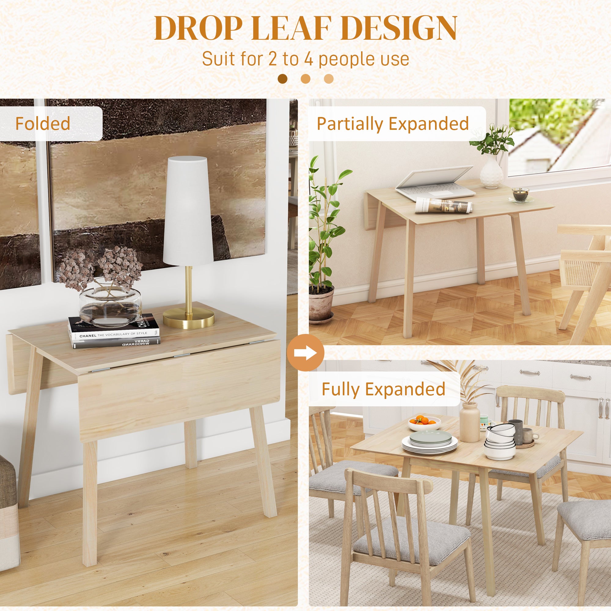 HOMCOM Solid Wood Folding Dining Table, Drop Leaf Table for 2-4 People,  Rectangle Kitchen Table for Small Space, Natural Wood Finish
