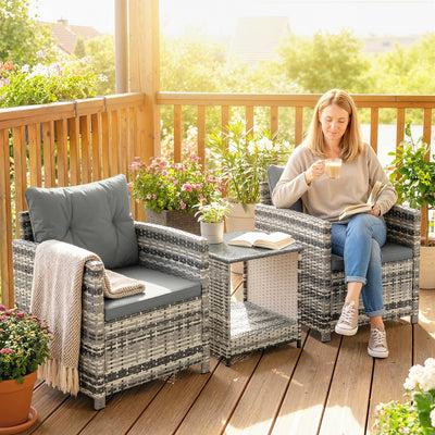 Outsunny Rattan Bistro Set, 3 Piece Garden Furniture Set with 2 Tier Glass Top Table and Cushions, Mixed Grey 