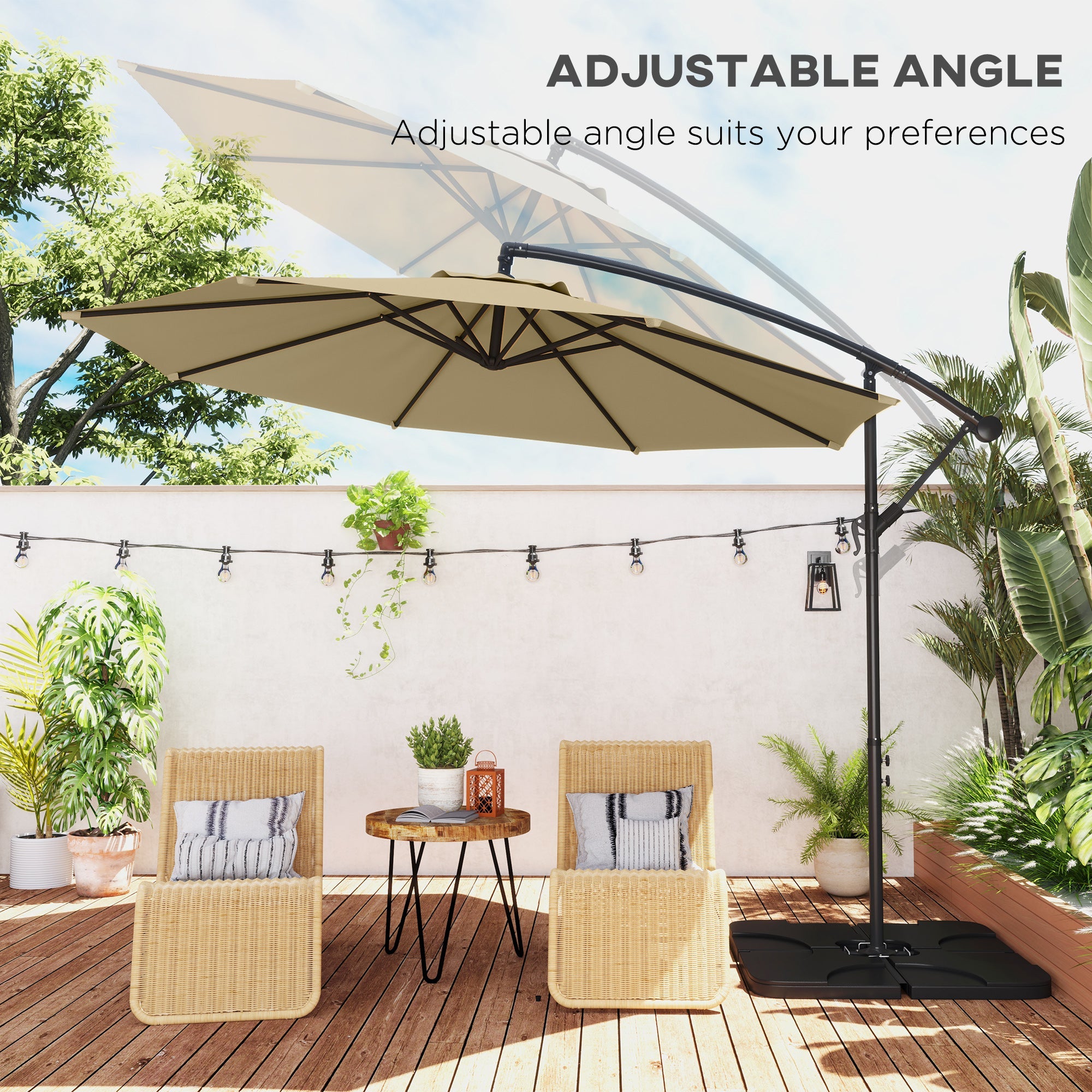 Outsunny 3m Overhanging Parasol, with Base, Weights and Cover - Sand brown 