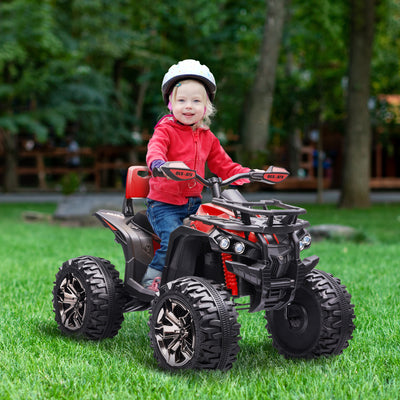 HOMCOM 12V Quad Bike ATV with LED Lights, Music, Backrest, Forward, Backward, Red 