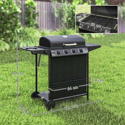 Outsunny 4+1 Burner Gas BBQ Grill, Portable Gas Barbecue Grill with Built-in Thermometer, Lid, Side Table, Shelf, Spice Rack, Wheels, Grease Cup for Garden Party Outdoor Cooking, Black 