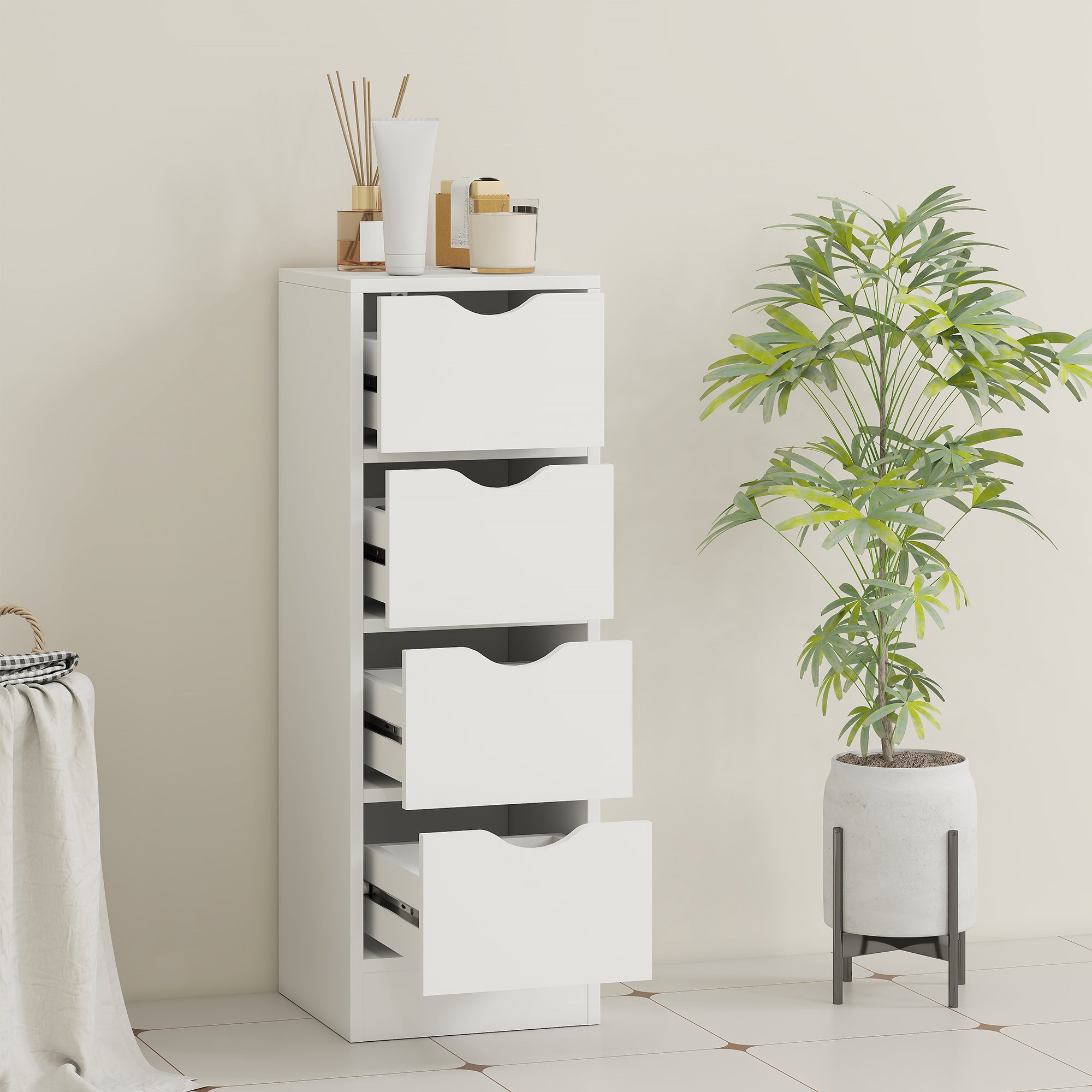 HOMCOM 4-Drawer Bathroom Cabinet, Freestanding Narrow Storage Cabinet with Groove Handles for Small Spaces, White 
