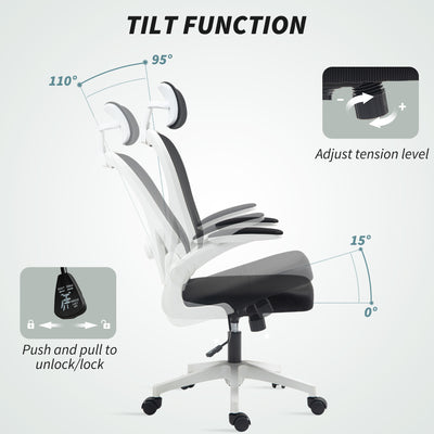 HOMCOM Executive Office Chair, Ergonomic Mesh High Back Desk Chair with Flip-up Armrest, Rotatable Headrest, Adjustable Lumbar Support, Swivel Computer Chair for Home Study, Black 