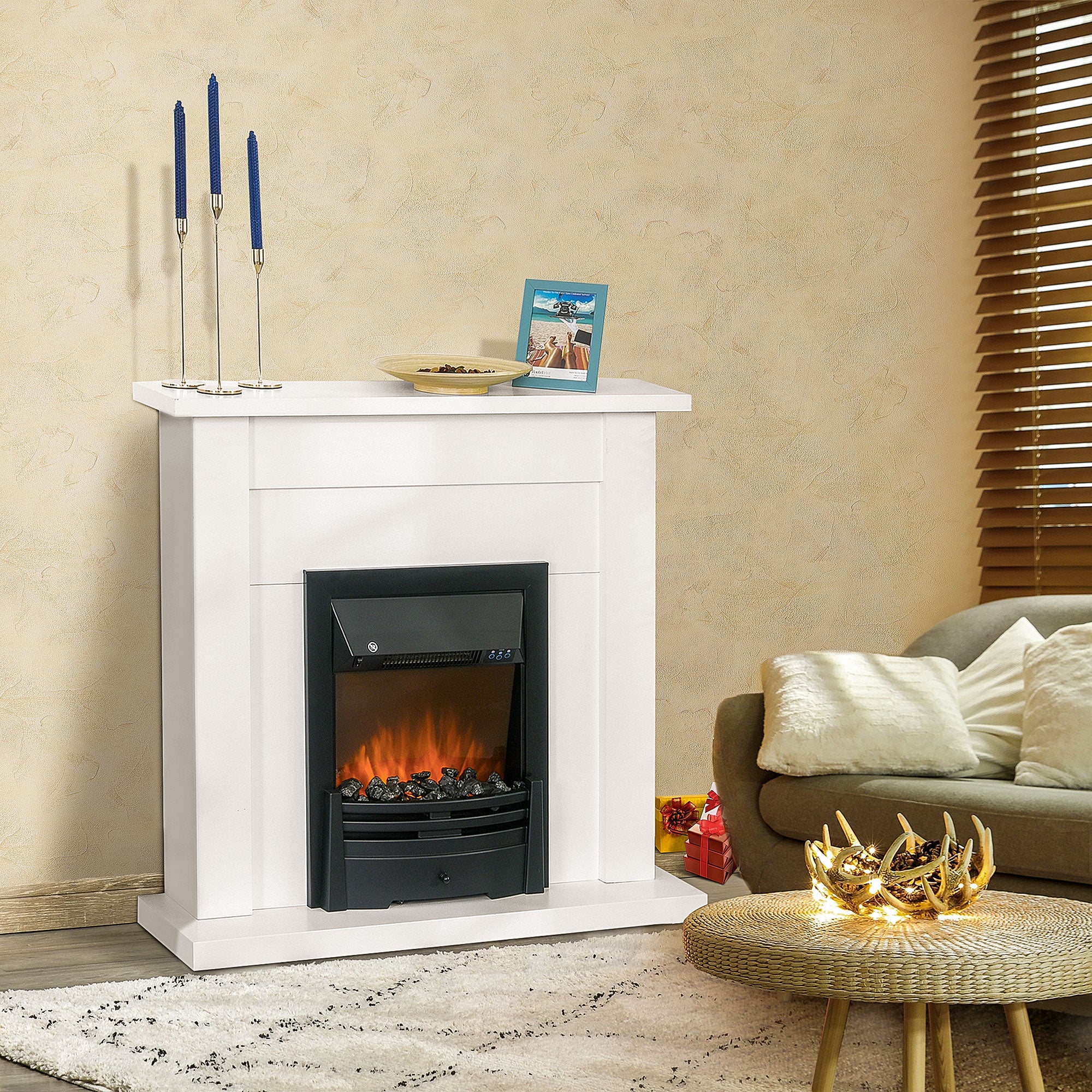 HOMCOM Electric Firplace Suites & Mantelpiece w/LED Flames Remote Marble Stone Modern Curved Surround Intelligent Safe Tempered Glass Adjustable Thermal 1000W/2000W 