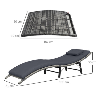 Outsunny Rattan Folding Sun Lounger Outdoor Chair with Cushion and Pillow Grey 