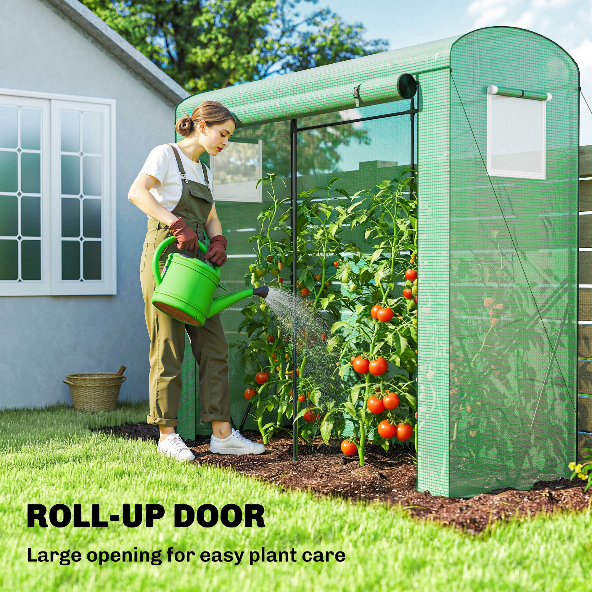 Outsunny Mini Greenhouse, Garden Tomato Growhouse with Roll-Up Door and 2 Mesh Windows, PE Cover, 200 x 75 x 188 cm, Green 