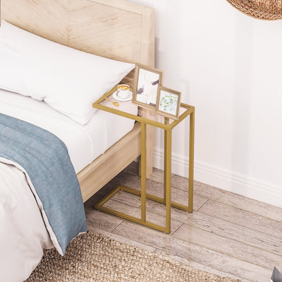HOMCOM C-Shaped Side Table, Modern Slim End Table with Tempered Glass Tabletop, Steel Frame for Small Space, Living Room, Bedroom, Gold Tone 
