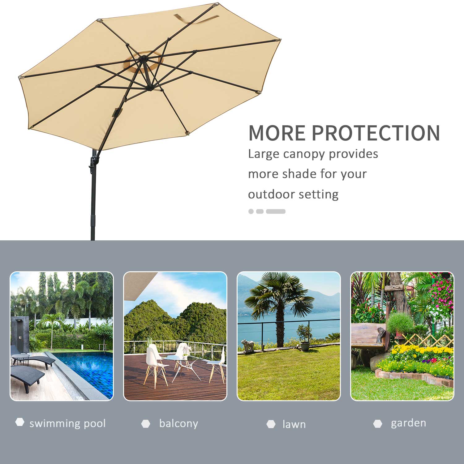 Outsunny Round Umbrella Parasol W/ Tilt 360° Rotation and Hand Crank Cross Base-Beige 