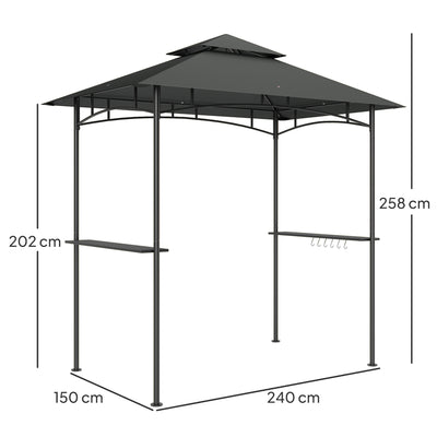 Outsunny 8' x 5' Grill Gazebo, Double Tiered BBQ Gazebo Shelter Canopy with LED Lights, 2 Side Shelves, Hooks, Dark Grey 