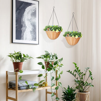 HOMCOM Pack of 2 Faux Plant Artificial Lisianthus Flowers, Hanging Planters with Basket, PE Leaves, 18 Flowers and 3 Pinecones, Decorative Faux Plants for Home Office Decor, Green 