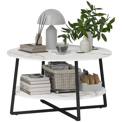 HOMCOM Two-Tier Marble-Effect Coffee Table - White/Black 