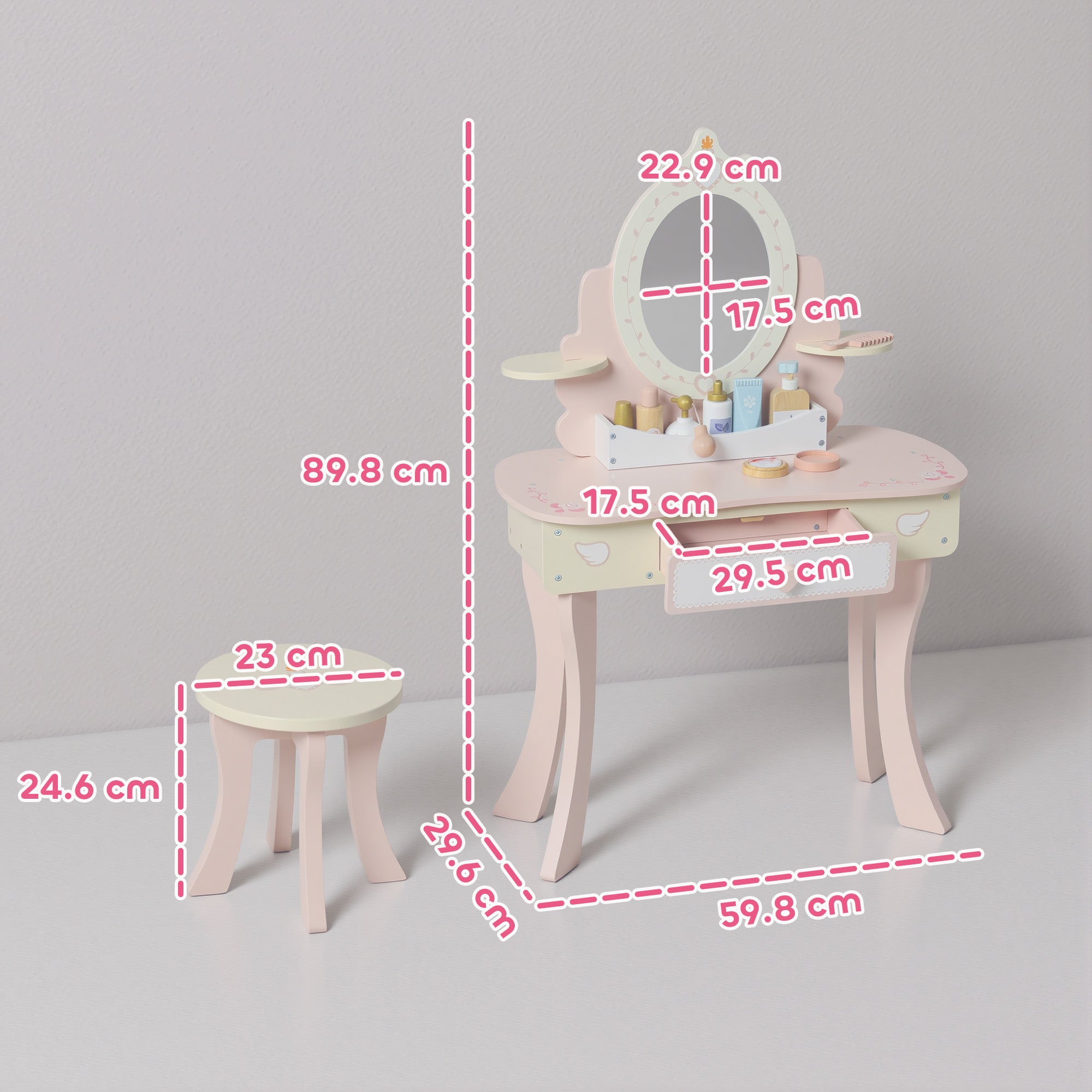 AIYAPLAY Kids Dressing Table, Girls Vanity Set with Mirror and Stool, 7 Play Accessories, Drawer, Desktop Storage, Pink 