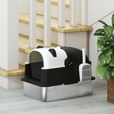 PawHut Panda Style XL Stainless Steel Cat Litter Box with Lid, Enclosed Kitty Litter Box with Scoop, 60 x 40 x 45 cm 