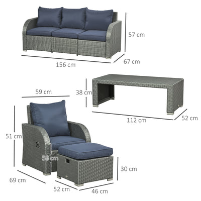 Outsunny Six-piece Outdoor Rattan Dining Set, with Reclining Armchairs - Blue 