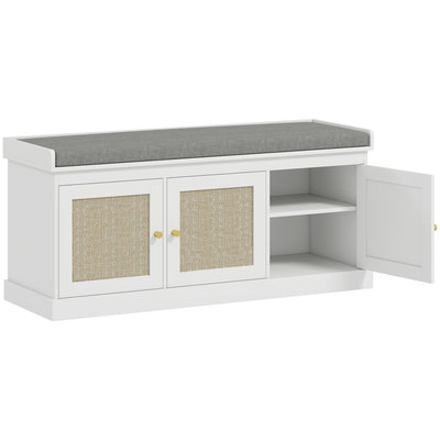 HOMCOM Shoe Storage Bench with Woven Rattan Doors, Seat - White 