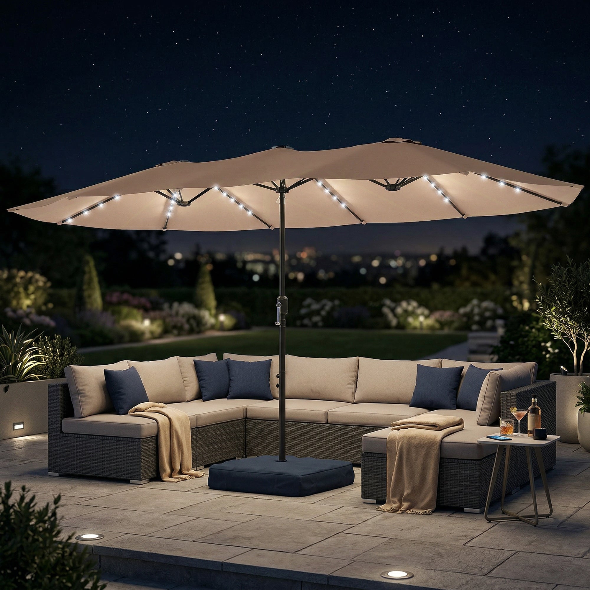 Outsunny Patio Umbrella Double-Sided Outdoor Umbrella with Solar Lights Base, Khaki 